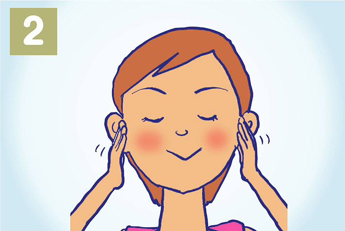 こめかみ(奥歯をかむとぴくと反応するあたり)を強く10回揉みほぐす。