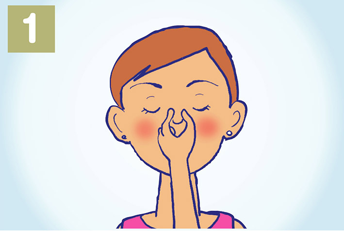 目と目の間、鼻の付け根を親指と人差し指で10回もむ