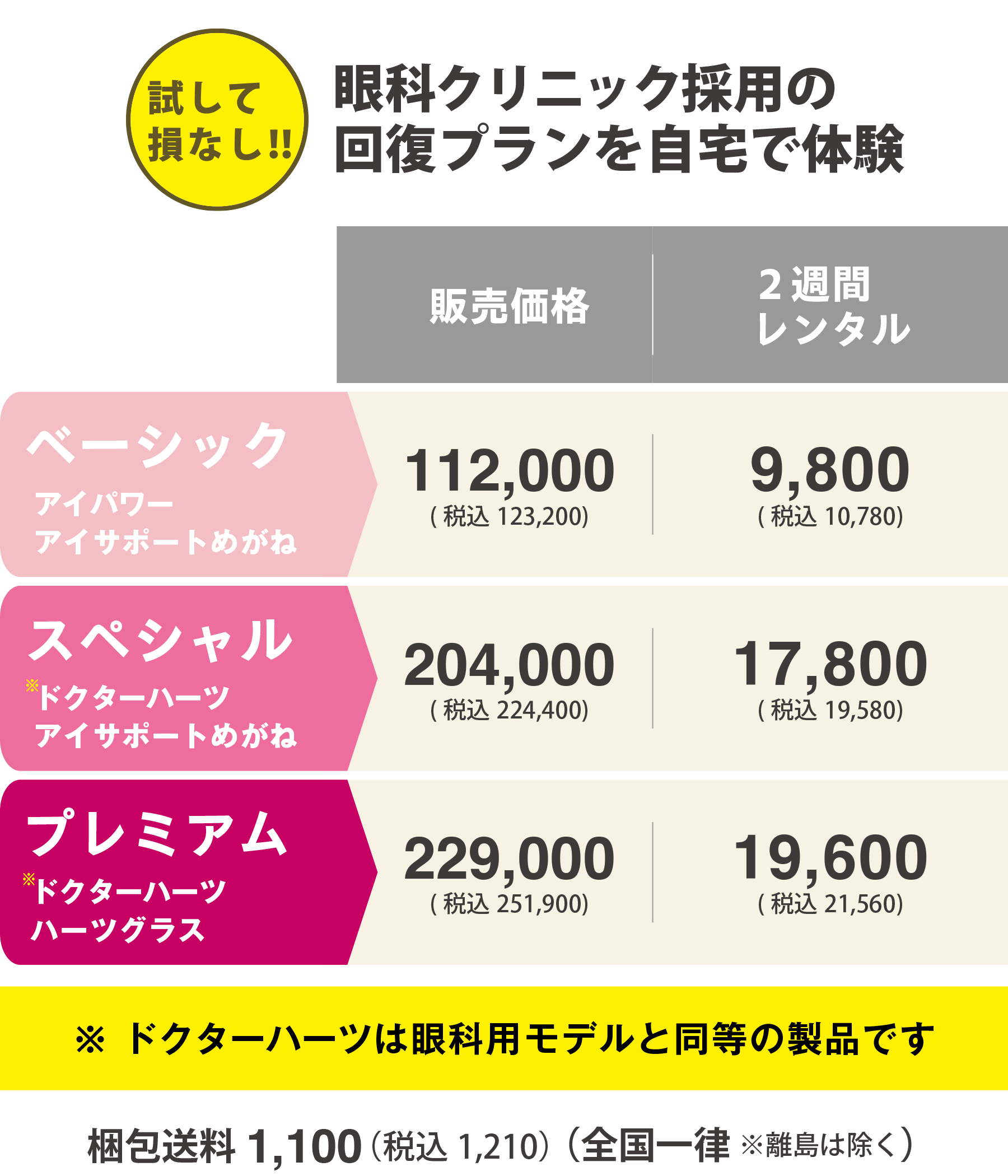 2週間レンタル料金表